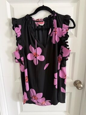 kate spade Black Tank with Pink Floral Ruffle Sleeves